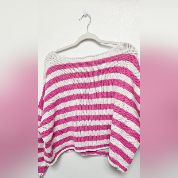 Aerie Off-the-Shoulder Boat Neckline Pink&White Stripe Cotton Blend XL Sweater - Picture 8 of 11